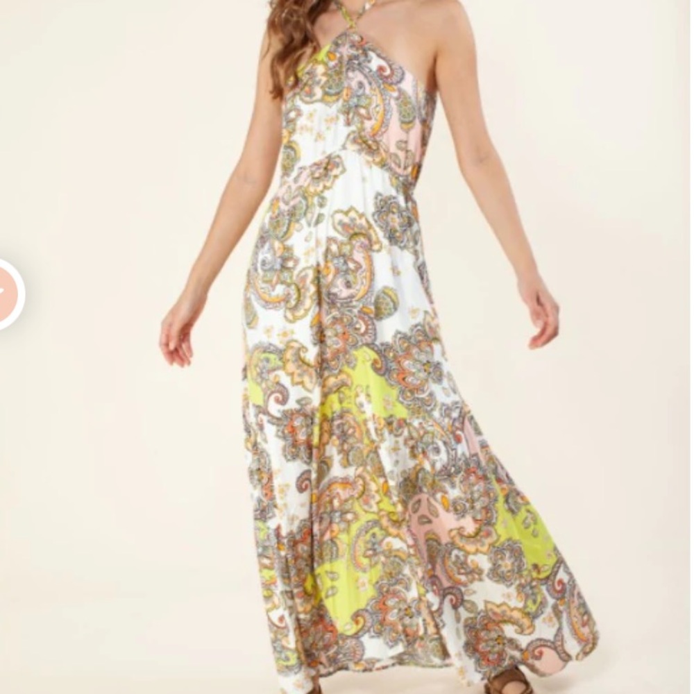 HALE BOB Paisley Maxi Dress Halter Top Lined Skirt Resort Wear NWT